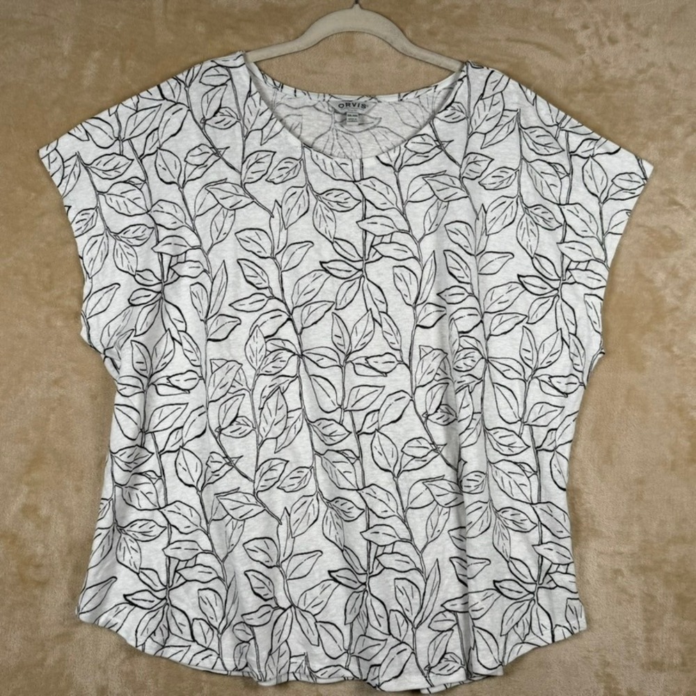 Orvis Womens XXL White Black Leaf Print Linen Blend Short Sleeve Top Summer